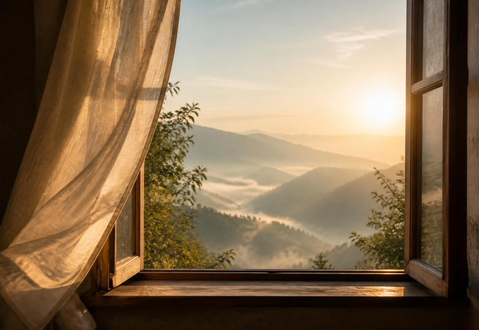 An open wooden window looking out onto misty mountains at sunrise